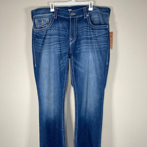 True Religion Straight Natural Big T Flap Denim Jeans Men's 40 Mid Rise Blue NWT